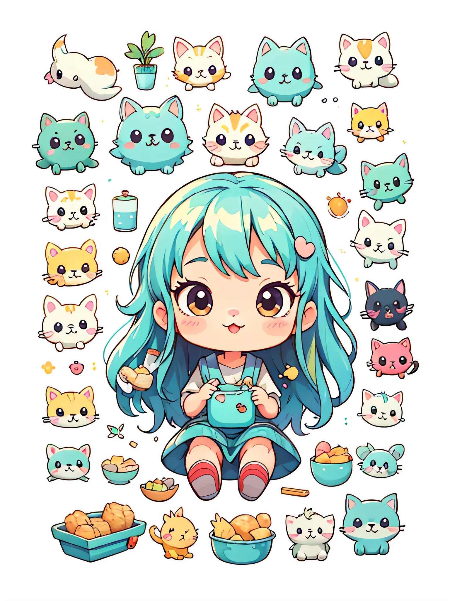 Fujio Akatsuka Style, Kawaii Design, most beautiful girl ever、Chibi, cute kitten、picnic