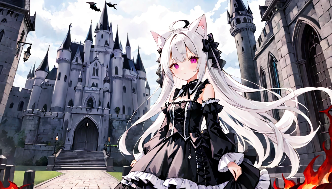 (1girl)、Cat ear、white hair、Gothic Lolita Outfit、In front of the Devil&#39;s Castle