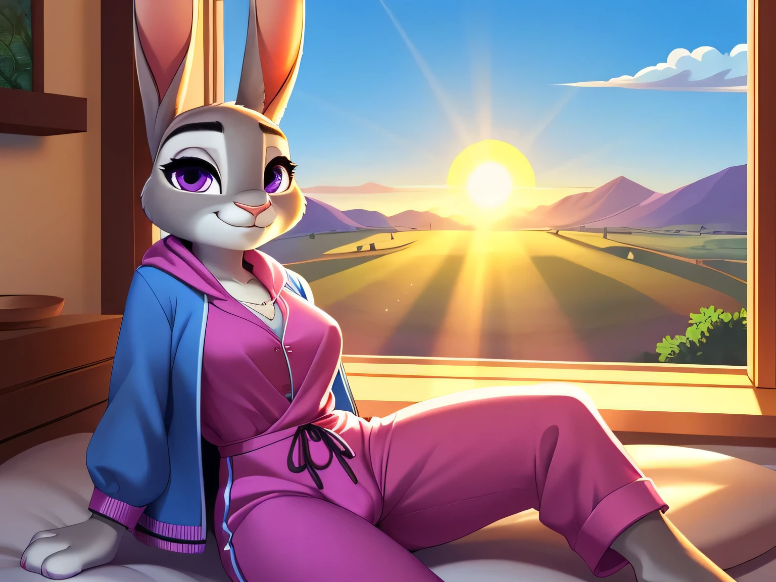 subido en e621, por Tsampikos, por Smileeeeeee, antro en solitario, ((retrato)), judy hopps, dormitorio, hermoso dia, Sunny midday day, Portrait of incredibly beautiful little furry bunny, Suave, delicado, hermoso rostro atractivo con seductores ojos morados., Cejas Voluminosas, thick eyelashes, (smug face:1.1), hocico de conejito, mirada sexy al espectador, (ojos medio cerrados), mirando al espectador, Piel corporal de capas gruesas grises, Orejas de conejo largas con cola, ROMPER, medium sized breasts, (acostado en la cama), ((Quitarse la ropa superior)), ((desbordamiento de escote)), ((Levantando su sudadera con capucha)), (exponiendo sus pechos), ((cuerpo frente al espectador)), ((vista desde el frente)), ((mirando al espectador)), (visible cameltoe), ROMPER, ubicado en una casa, cama blanca, dormitorio Background, (of the highest quality, detalles sorprendentes:1.4), sombreado de celdas, trazado de rayos, escala de colores, 3d animation, paisaje pintoresco, ROMPER, pechos peludos, ((Cuerpo perfecto)), cintura corta, ((NSFW)), (visible cameltoe), ((cameltoe)), ((usar sudadera con capucha rosa), ((sudadera con capucha recortada)), ((usar pantalones deportivos blancos)), (ropa ajustada), ROMPER, (Sun rays through the window), (sunlight hitting on judy hopps), (warm lighting)