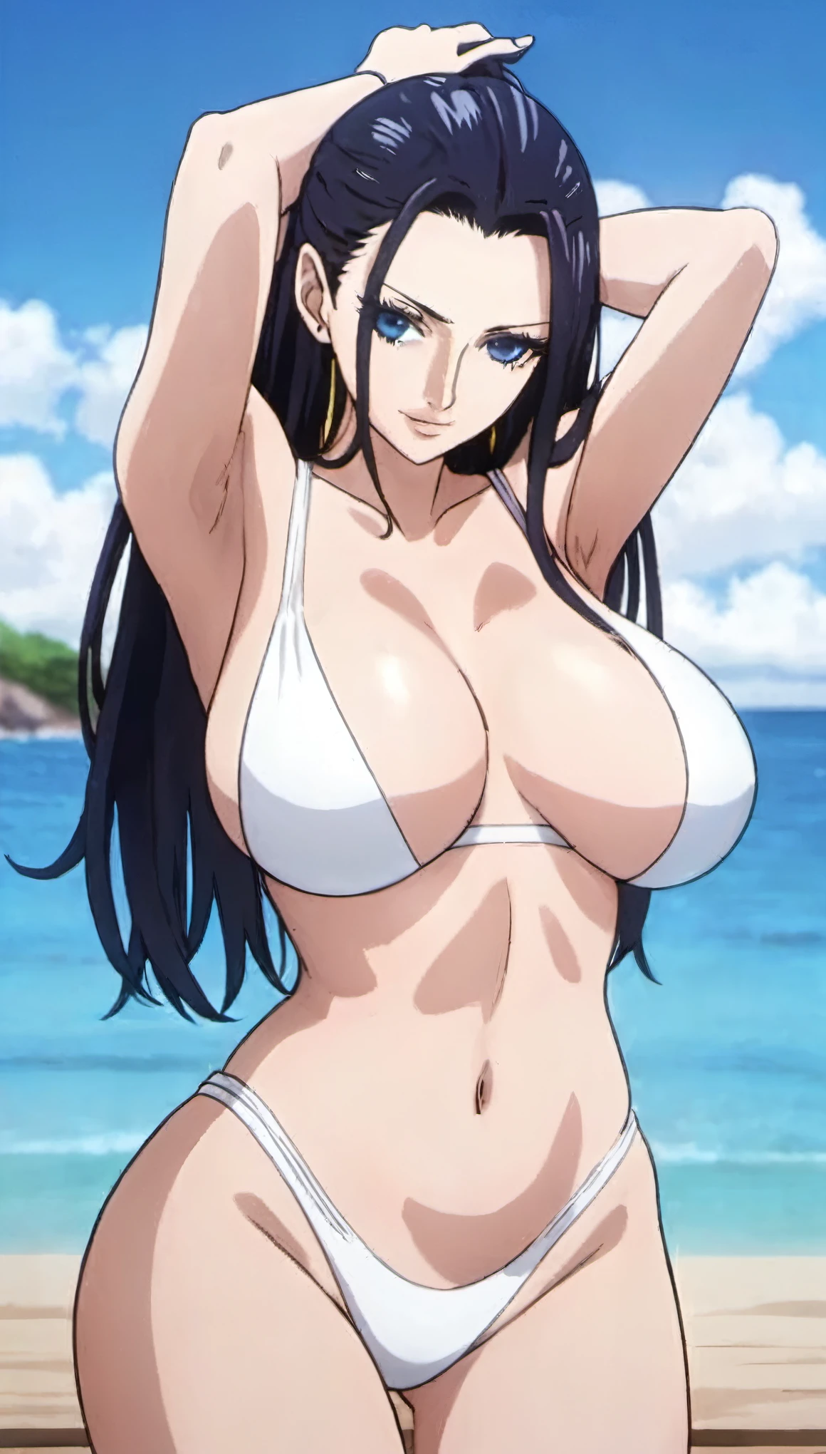 a woman in a bikini posing on a beach next to the ocean, nico robin, seductive anime girl, oppai, anime best girl, beautiful alluring anime woman, attractive anime girl, female anime character, beautiful anime woman, oppai proportions, marin kitagawa fanart, tifa lockhart, anime woman, big breasts!, is wearing a swimsuit, big breasts!!