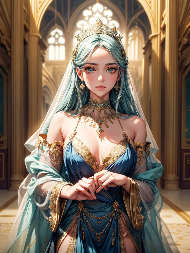 (best quality, high resolution, masterpiece:1.2), Super detailed, Beautiful and delicate lake green eyes, Beautiful and delicate lips, extremely detailed face, super long hair, 1 girl, royal members, Beautiful girl with golden beige hair, (Wearing a royal blue royal costume), see-through chiffon platinum shawl, (gold ornaments), golden and silver pattern, (light blue pattern), (complex pattern:0.5), Lovely, attractive, portrait, delicate eyes, Luminous earrings, Reflective pupil, royal clothing design, see-through detail clothing design, (empty:0.7), chiffon, (see-through chiffon), (lace:0.7), black gloves, Diamond choker, Diamond ring, Diamond hairpin, medieval european castle, Super high quality skin, Real skin texture, super high detail, anime, Realism, 8K, UHD, ccurate