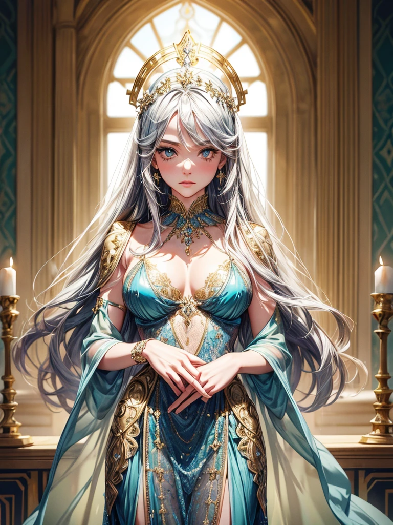 (best quality, high resolution, masterpiece:1.2), Super detailed, Beautiful and delicate lake green eyes, Beautiful and delicate lips, extremely detailed face, super long hair, 1 girl, royal members, Beautiful girl with golden beige hair, (Wearing a royal blue royal costume), see-through chiffon platinum shawl, (gold ornaments), golden and silver pattern, (light blue pattern), (complex pattern:0.5), Lovely, attractive, portrait, delicate eyes, Luminous earrings, Reflective pupil, royal clothing design, see-through detail clothing design, (empty:0.7), chiffon, (see-through chiffon), (lace:0.7), black gloves, Diamond choker, Diamond ring, Diamond hairpin, medieval european castle, Super high quality skin, Real skin texture, super high detail, anime, Realism, 8K, UHD, ccurate