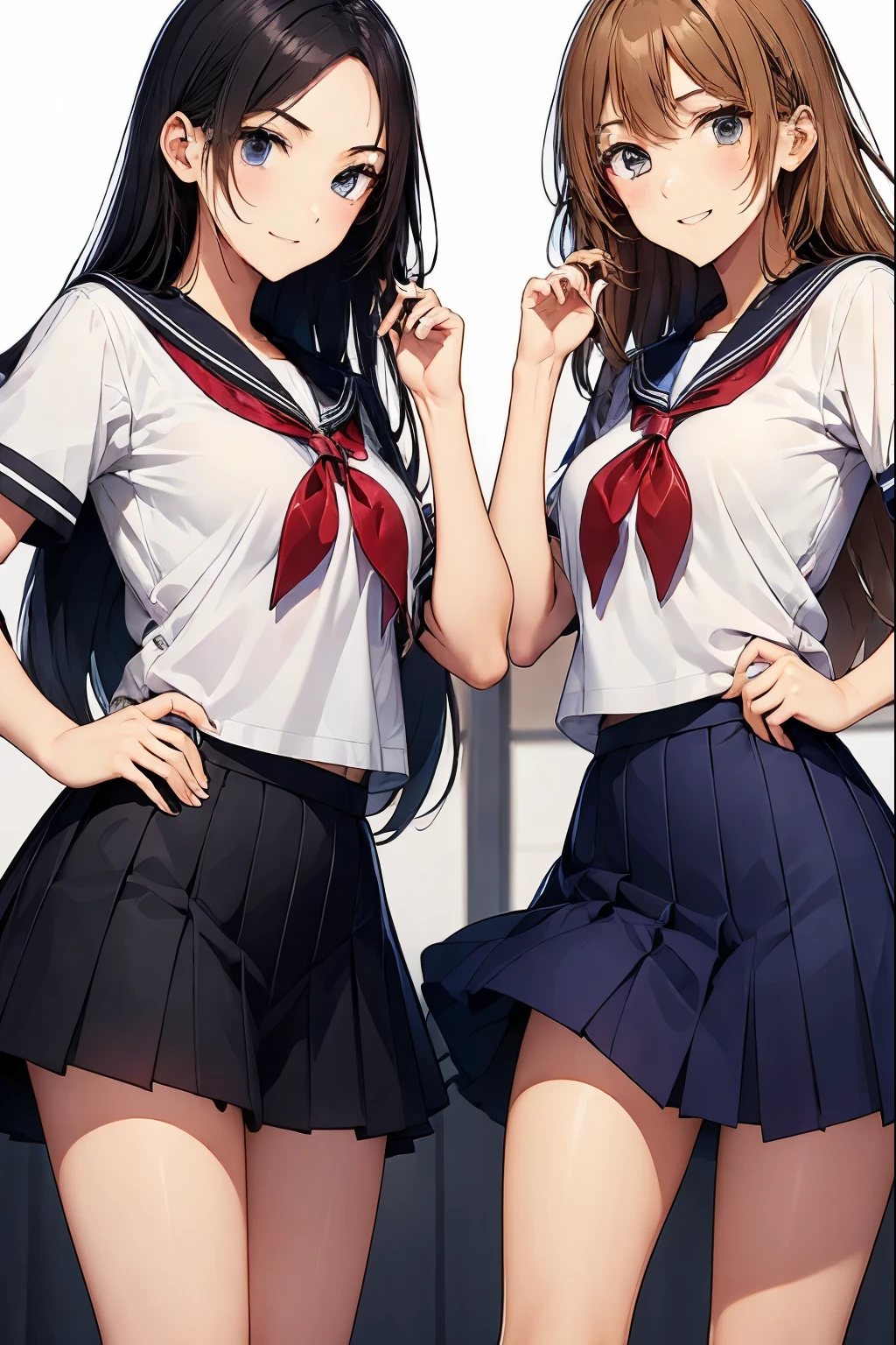 Two high school girls laughing in a classroom、look away、