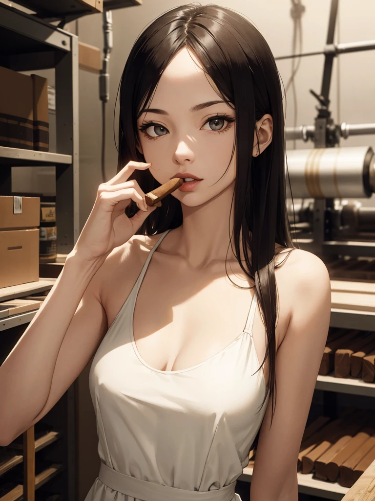 absurdres, highres, ultra detailed, (1girl:1.3), BREAK , Create a minimalist design, with clean lines, simple shapes, and a focus on composition and balance, BREAK. focus on the subtle details and atmosphere of the scene, BREAK, Capture a room, cigar factory, production line, grey, low light, ambient smoke, BREAK, capture a girl, straight hair, pointed nose, cool girl, cool expression, smoke, ((more smoke)), detail eyes, 8k, ultra hd, detail, ultra detail, super detail, dress, white dress, (long dress), sharp eyes, fierce eyes, ((smoking a cigar)), chainsmoking, black straight hair, side bangs, focus on chest, open chest, sexy lips, lips juicy looks, large lips,