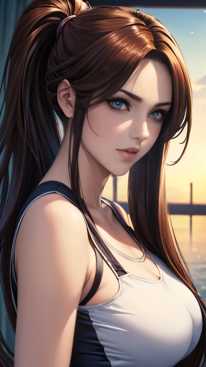extreme close up,1 girl,(highly detailed skin),bent,,beautiful胸,(small breasts),pale skin,erect nipples,(fantasy art,best image quality,surrealist portrait,(8K),Super realistic,最high quality, high quality, High resolution, high quality texture,high detail,beautiful,be familiar with,Very detailed CG,be familiar withテクスチャー,realistic facial expression,masterpiece,sense of presence,dynamic,bold),ponytail,(super thin hair),(super soft hair),(ultra straight hair:1.5),long flowing bangs,extra light coppery amber hair,hair above one eye,dressed,baggy t-shirt,see-through sailor swimsuit