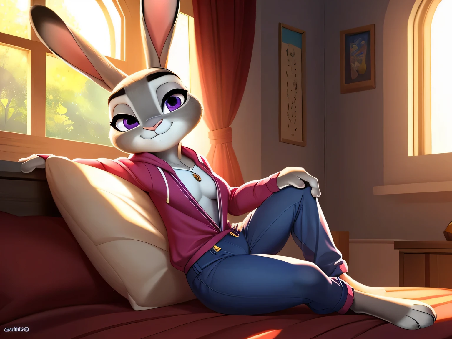 uploaded on e621, by Tsampikos, by Smileeeeeee, solo anthro, ((portrait)), Judy Hopps, bedroom, Beautiful day, Sunny noon day, Portrait Of Stunningly Beautiful Furry Bunny Girl, Soft Delicate Beautiful Attractive Face With Alluring Purple Eyes, Voluminous Eyebrows, Thick Eyelashes, (Smug Face:1.1), Bunny Snout, sexy gaze at viewer, (half-closed eyes), looking at viewer, Gray Thick Layered Body Fur, Long Bunny Ears With Tail, BREAK, medium sized breasts, (lying on bed), ((Removing Top Clothing)), ((cleavage overflow)), ((lifting her hoodie)), (exposing her breasts), ((body facing the viewer)), ((view from the front)), ((looking at the viewer)), (visible cameltoe), BREAK, located in a house, white bed, bedroom Background, (Highest Quality, Amazing Details:1.4), Cel Shading, Raytracing, Color Grading, 3D Animation, Picturesque Scenery, BREAK, furry breasts, ((perfect body)), short waist, ((NSFW)), (visible cameltoe), ((cameltoe)), ((wear pink hoodie), ((cropped hoodie)), ((wear white sweatpants)), (tight clothing), BREAK, (sunrays through the window), (sunlight hitting on Judy Hopps), (warm lighting)