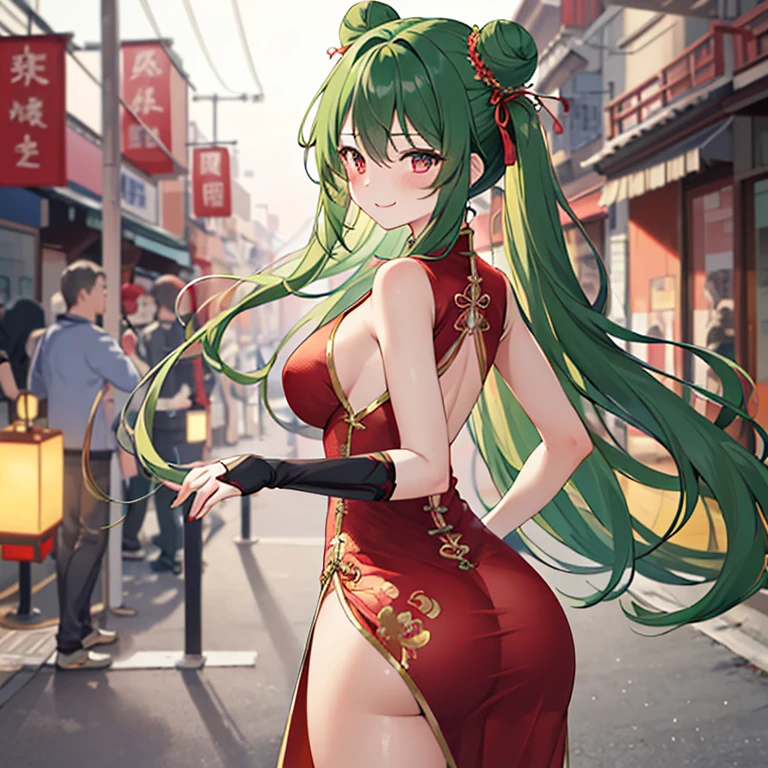 Masterpiece, score_9, score_8_up, score_7_up, from behind, 1girl, solo, green hair, long hair, yellow eyes, horns, white horns, medium breasts, Chinese dress, red dress, cheongsam, sleeveless, pelvic curtain, standing, hand on hip, looking at viewer, neutral, serious, upper body, behind view, curvy, white background, simple background, best quality