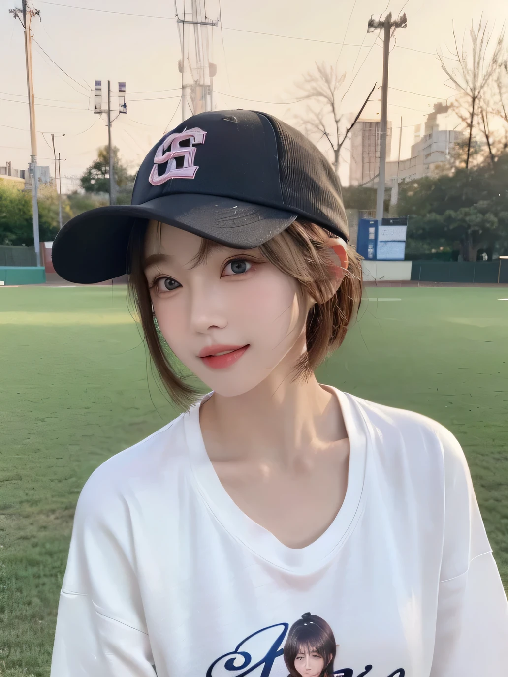 Best image quality、original photo、ultra high resolution、21 years old Korean、small breasts、dynamic angle、Cowboy shooting、The most beautiful form of chaos、elegant、Innovative design、bright colors、,light brown short hair、disheveled hair、light brown eyes 、black baseball cap(Facial expressionSmile)、short bob、Smile、Fair and shiny skin、beautiful eyes,random colors、The details are very beautiful、thin lips、Delicate and beautiful eyes、elongated eyes、Pale pink cheeks、long eyelashes、beautiful double eyelids、eye shadow、he、White Large T-shirt Sweatshirt、baggy pants、Shot from the side、sexy pose、enlarge