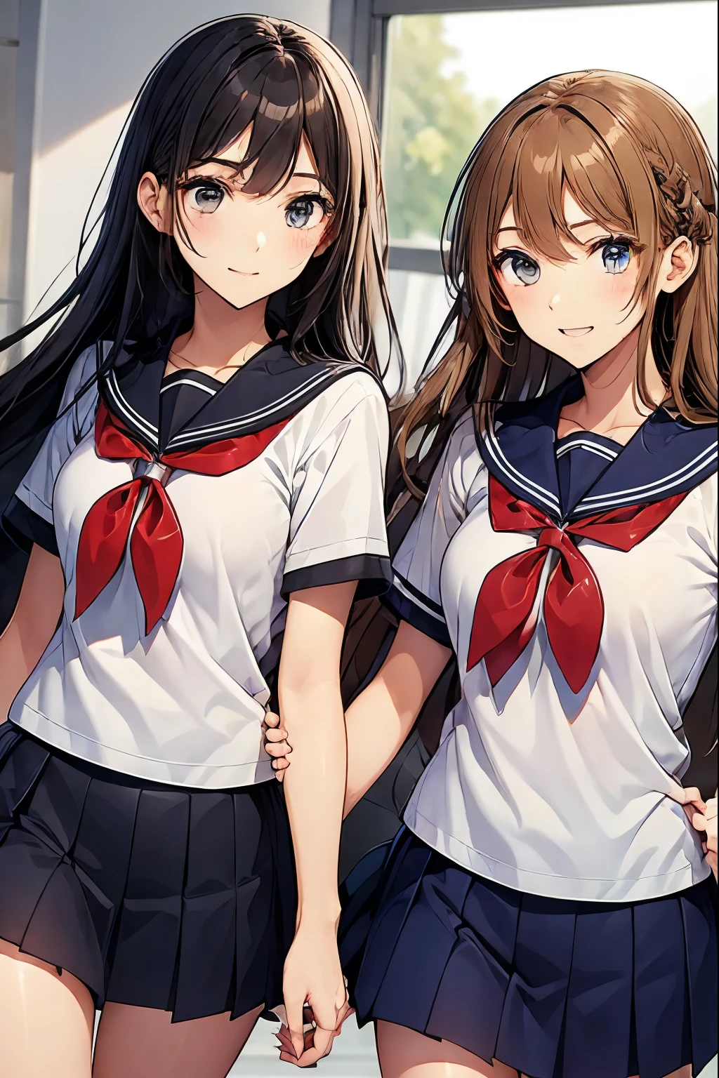 Two high school girls laughing in a classroom、look away、