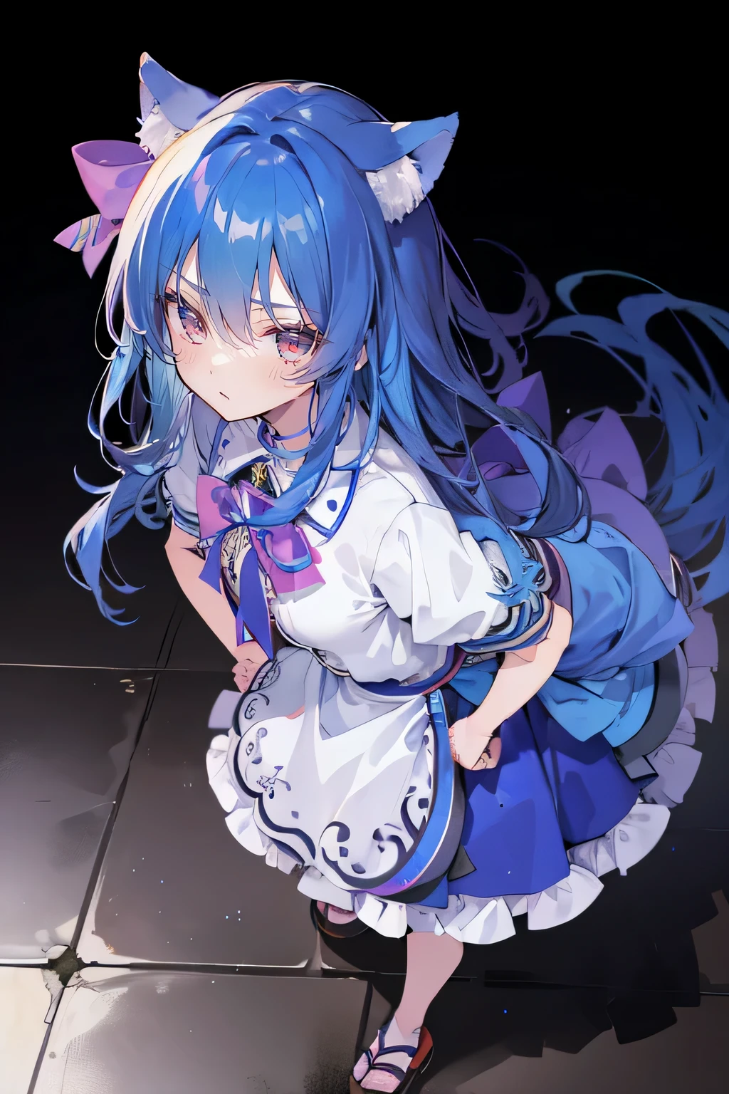 (masterpiece),best quality, expressive eyes, perfect face, 1girl,
Put your hands on your waist,fair, Gorgeous,Japanese cartoons,girl,lola,Hina Angel, blue hair, blue haired, floating clothes,Grab your waist, Grab your waist, hands on hips , hands on hips,sit, sit on ground, Legs on the ground, flat chest,cat ears,