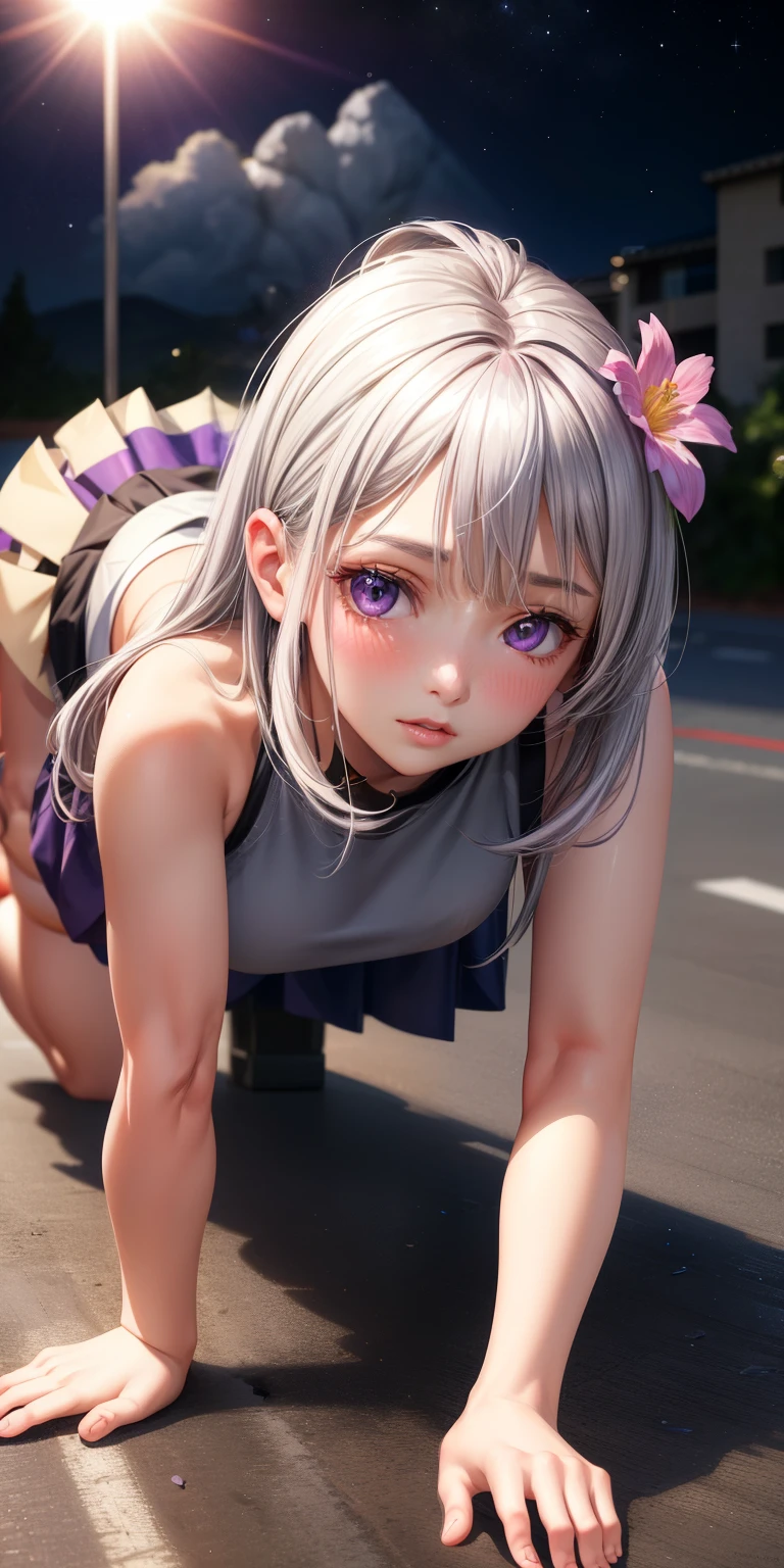 realistic, single girl, gray hair, purple eyes, shining eyes, crop top, skirt, parted lips, blush, night, flower, sun, sunlight, crawl on all fours