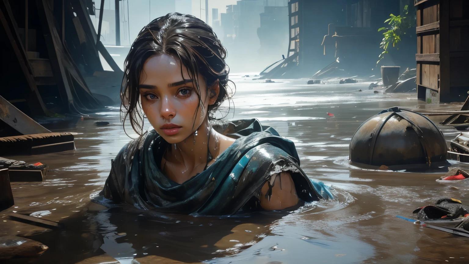 cover photo, body and face photography, beautiful young woman, covered with water and liquid, clothes are old and torn, half littered with garbage, hyperrealistic, model photo, poses 500 px, detailed, Intricate