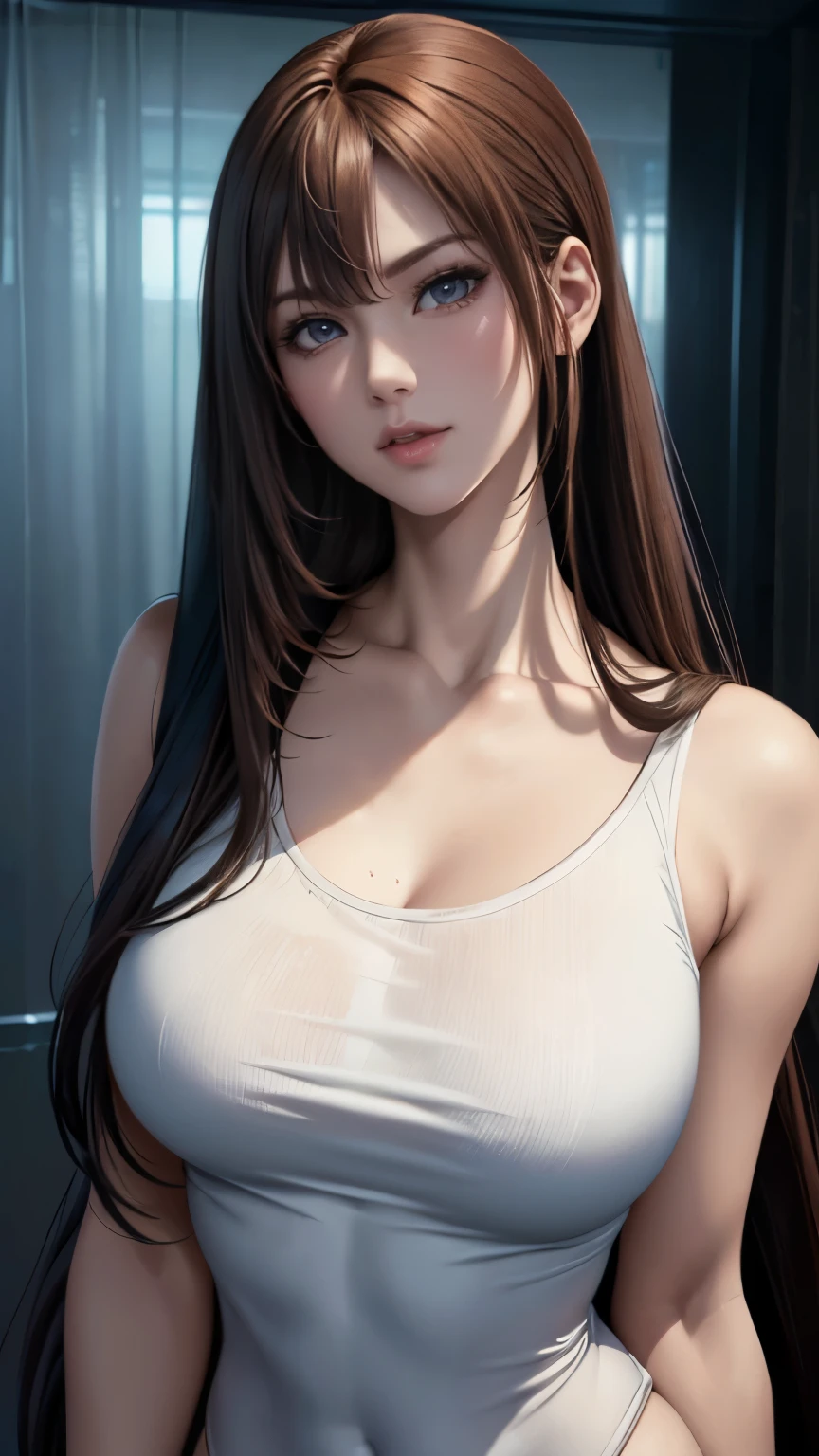 extreme close up,1 girl,(highly detailed skin),bent,,beautiful胸,(small breasts),pale skin,erect nipples,(fantasy art,best image quality,surrealist portrait,(8K),Super realistic,最high quality, high quality, High resolution, high quality texture,high detail,beautiful,be familiar with,Very detailed CG,be familiar withテクスチャー,realistic facial expression,masterpiece,sense of presence,dynamic,bold),ponytail,(super thin hair),(super soft hair),(ultra straight hair:1.5),long flowing bangs,extra light coppery amber hair,hair above one eye,dressed,baggy t-shirt,see-through sailor swimsuit