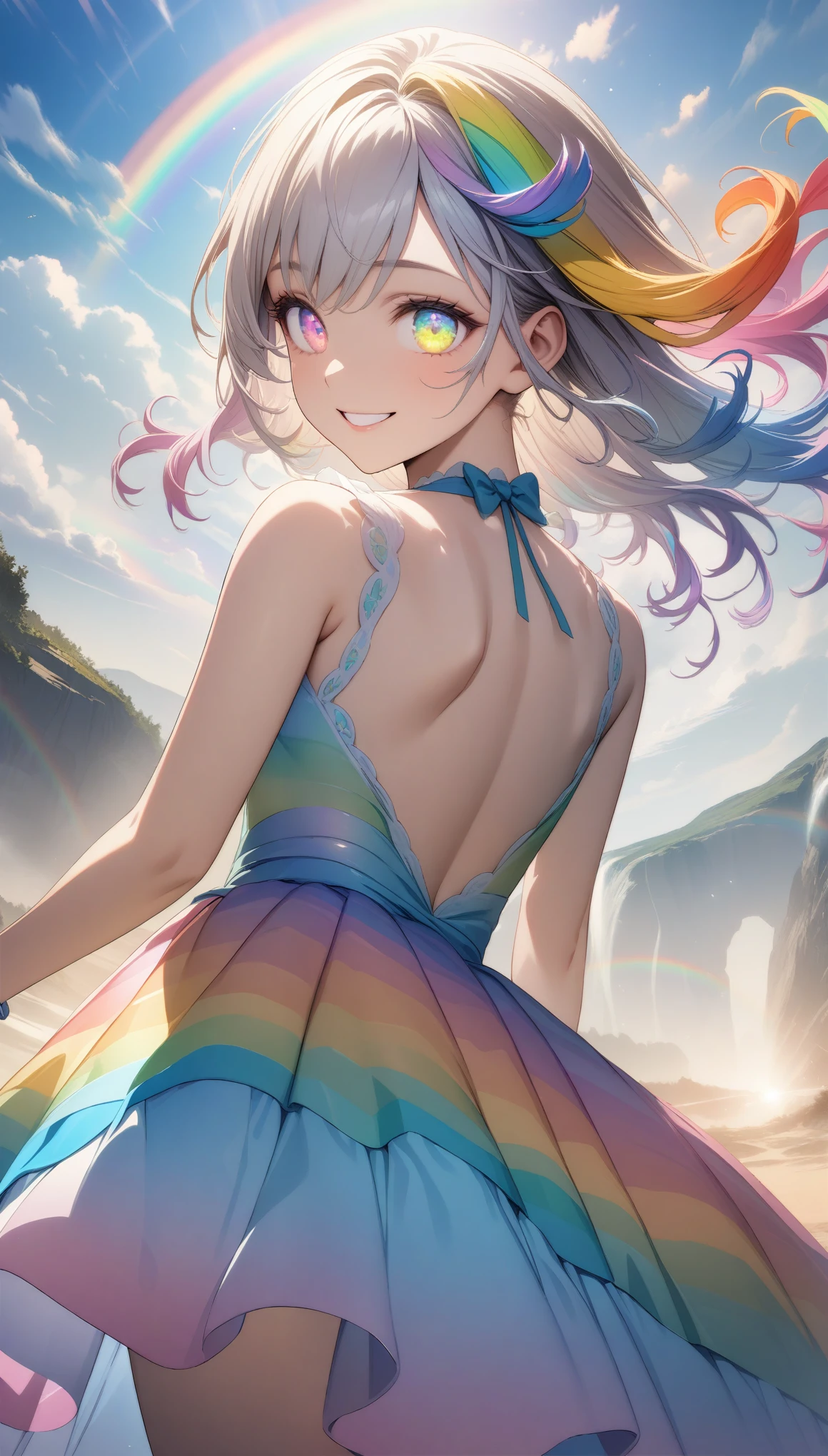 32k, best quality, ultra high res, HDR, UHD, extremely detailed CG, unity 32k wallpaper, (((🌈))), (((masterpiece))), (((best quality))), (((ultra-detailed))), (((illustration))), (((an extremely delicate and beautiful))), (((beautiful eyes))), (((back))), (((circle rainbow))), girl, (((rainbow dress))), (((happy smile))), (((rainbow hair))), (((rainbow eyes))), 