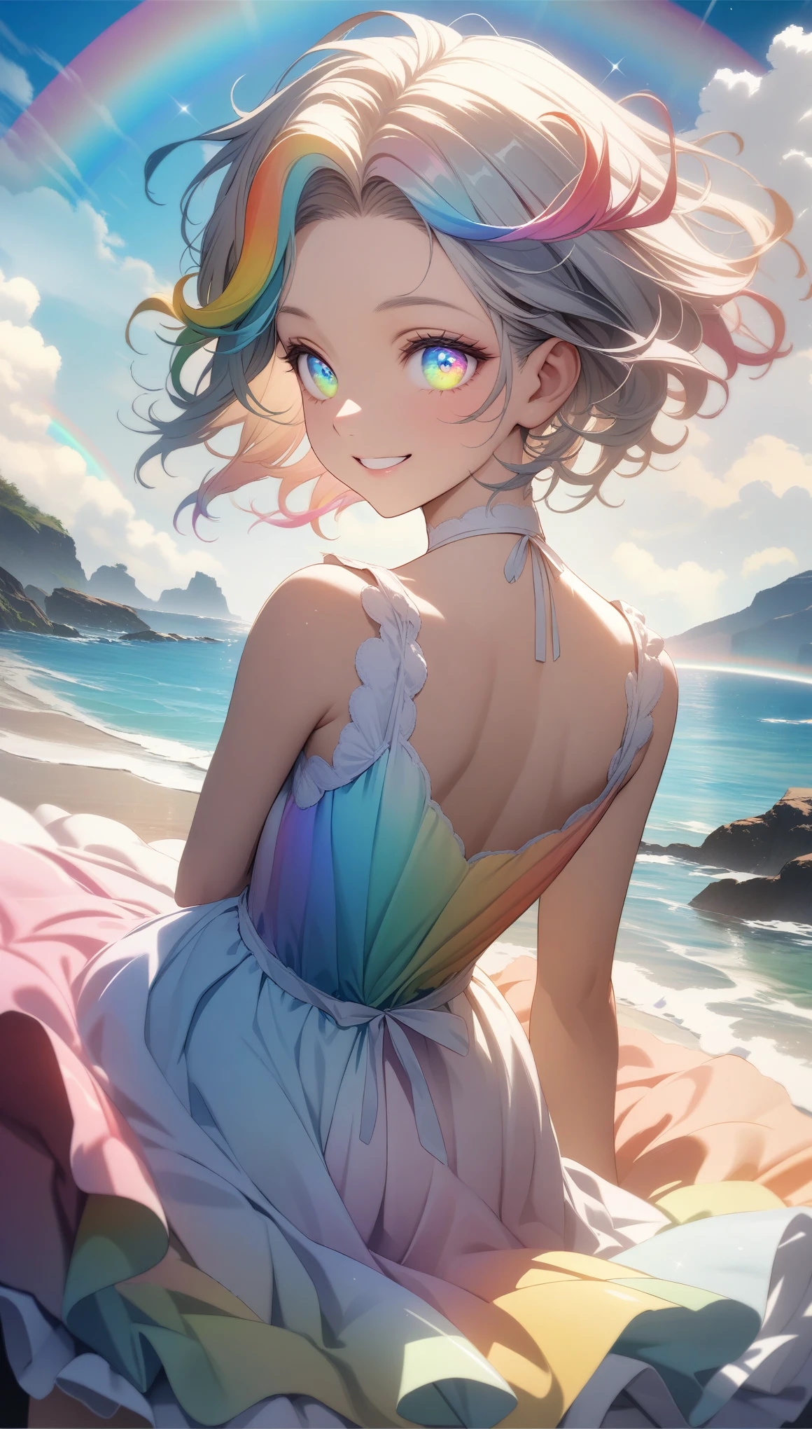 32k, best quality, ultra high res, HDR, UHD, extremely detailed CG, unity 32k wallpaper, (((🌈))), (((masterpiece))), (((best quality))), (((ultra-detailed))), (((illustration))), (((an extremely delicate and beautiful))), (((beautiful eyes))), (((back))), (((circle rainbow))), girl, (((rainbow dress))), (((happy smile))), (((rainbow hair))), (((rainbow eyes))), 