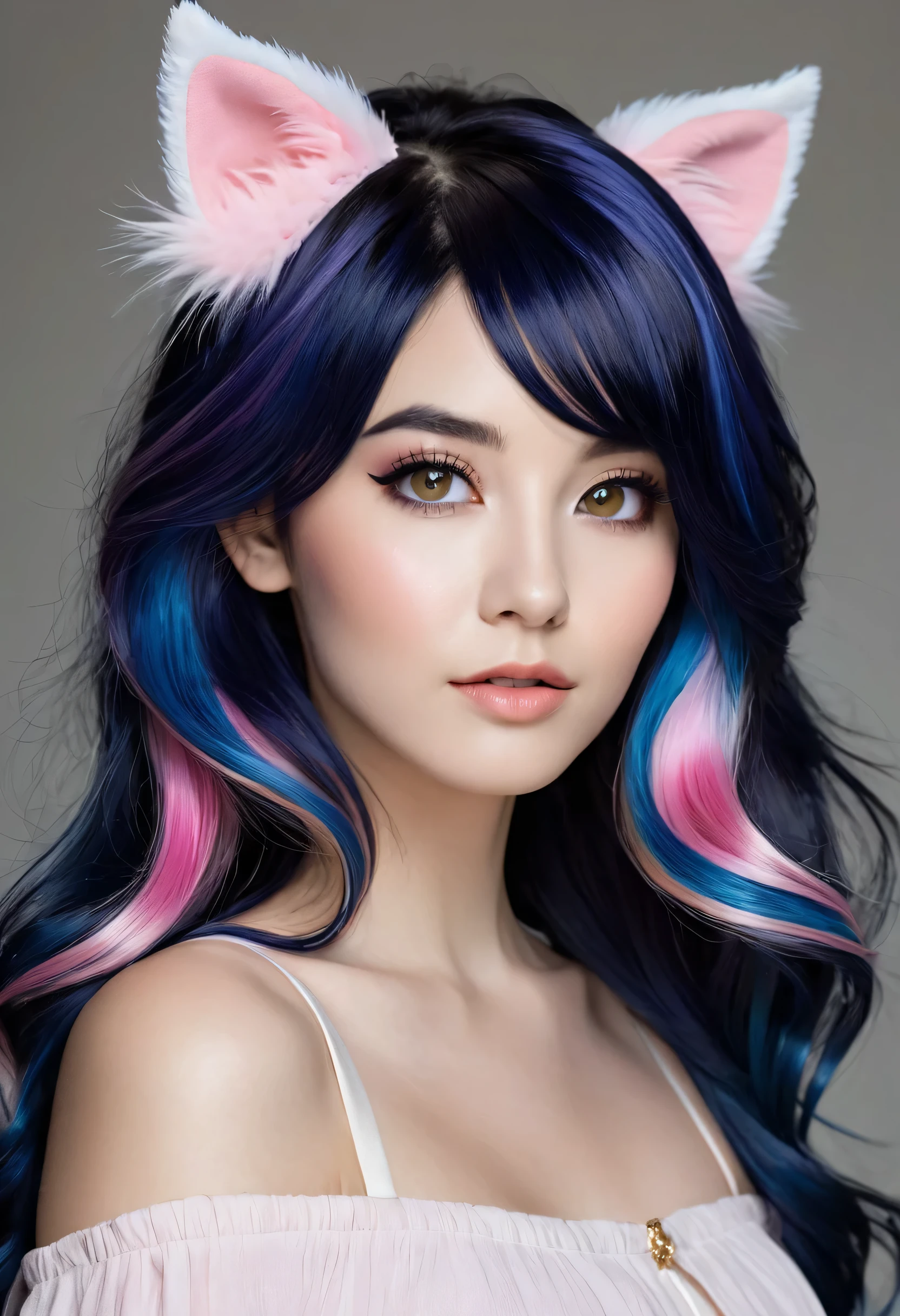 (Black hair cascades down in soft waves, held back by hair bobbles, complementing the long longeyelashes that frame her beautifully solid circle eyes. Her expression is a gentle wince, revealing a light smile and a faint blush on her ears. Her solid circle eyes are adorned with fake animal ears and a subtle fang, adding to her enchanting allure. Her streaked hair glimmers under the atmospheric perspective, bringing a multicolored essence to her mane. In contrast, her white hair shines brightly in stark contrast to her dark blue hair, creating a mesmerizing juxtaposition. With pink hair and hair over one shoulder adding to the diversity of