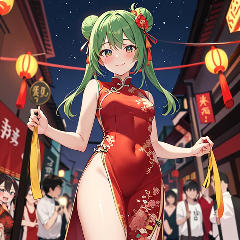 masterpiece, 1 girl, blush, smile, Red Chinese dress girl, bun hair, Dark green hair,  red pupil, looking at the audience, Chinatown, whole body, One-sided slit, fan, from the front, thighs,