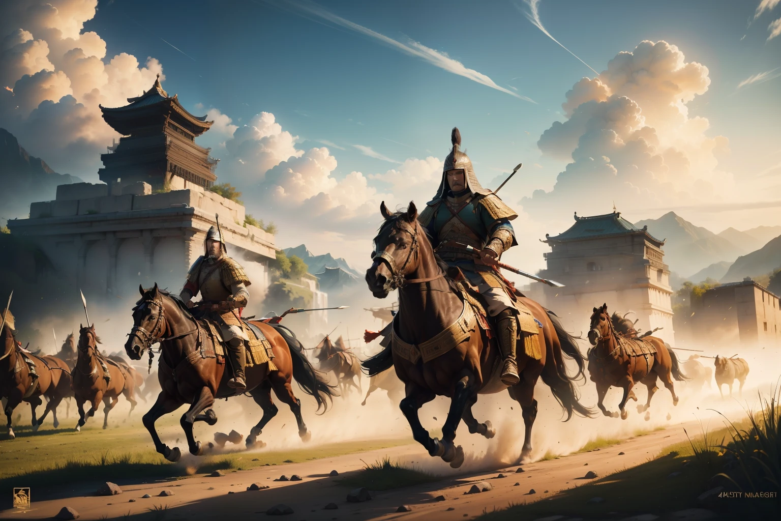 (best quality,4k,8k,highres,masterpiece:1.2),ultra-detailed,realistic:1.37,group,ancient soldiers,elongated spears,blades,weapons,horses,smoke