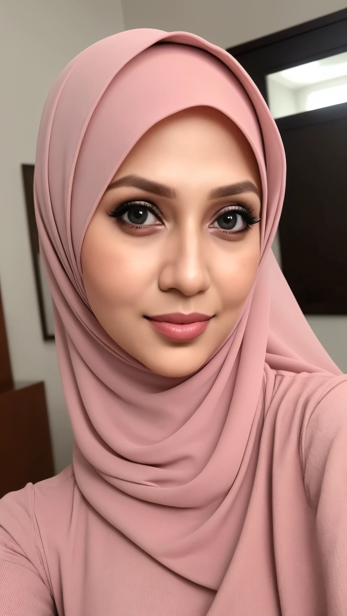 Wanita cantik berumur 45 tahun, pakaian tertutup,hijab putih, payudara besar menonjol, posisi kamera di atas selfie