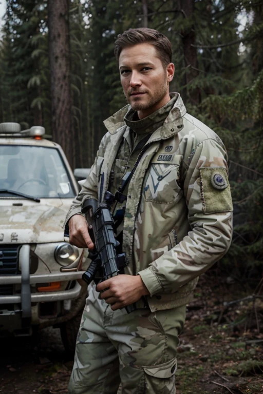 photorealism, Full length portrait, costs, A man with blue eyes and dark brown hair, short hairstyle, in a white camouflage suit with a jacket and trousers and army boots, with a sniper rifle in his hands, Travis Fimmel, Jordan Smith,  grinning, forests, night, winter, Science fiction, post apocalypse, believable portrait, art, very detailed