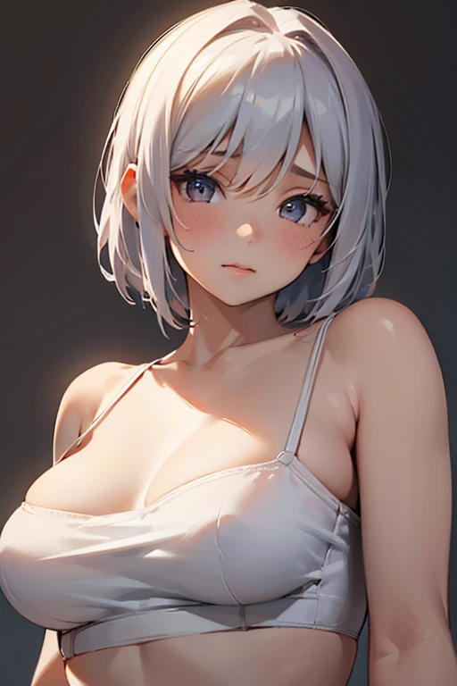 1girl,solo,retina,masterpiece, Awards, high quality, High resolution, HD, 4K,8K,high quality, rough skin,breast focus,depth of field,(line drawing:1.1),(large breasts:1.3),faint smile,oily skin,Relative to the girl,underside of breasts,(mochi shaped breasts:1.2),(closeup upperbody:1.5),white clothe,(perfect breasts from below:1.1),perspective,baby face,(short height,petite:1.3),camisole,