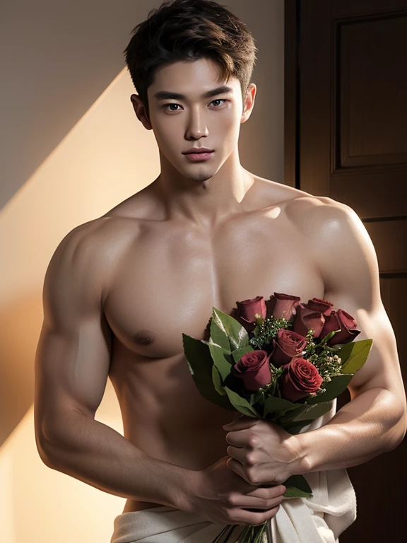 ????? man, holding a bouquet of roses, realistic handsome Japanese face , modest muscles , masterpiece、A high resolution、hyperrealism、detailed face、solo、a men、glowing skin、(Asian)、(young、teenager)、Handsome、detailed background、Handsome