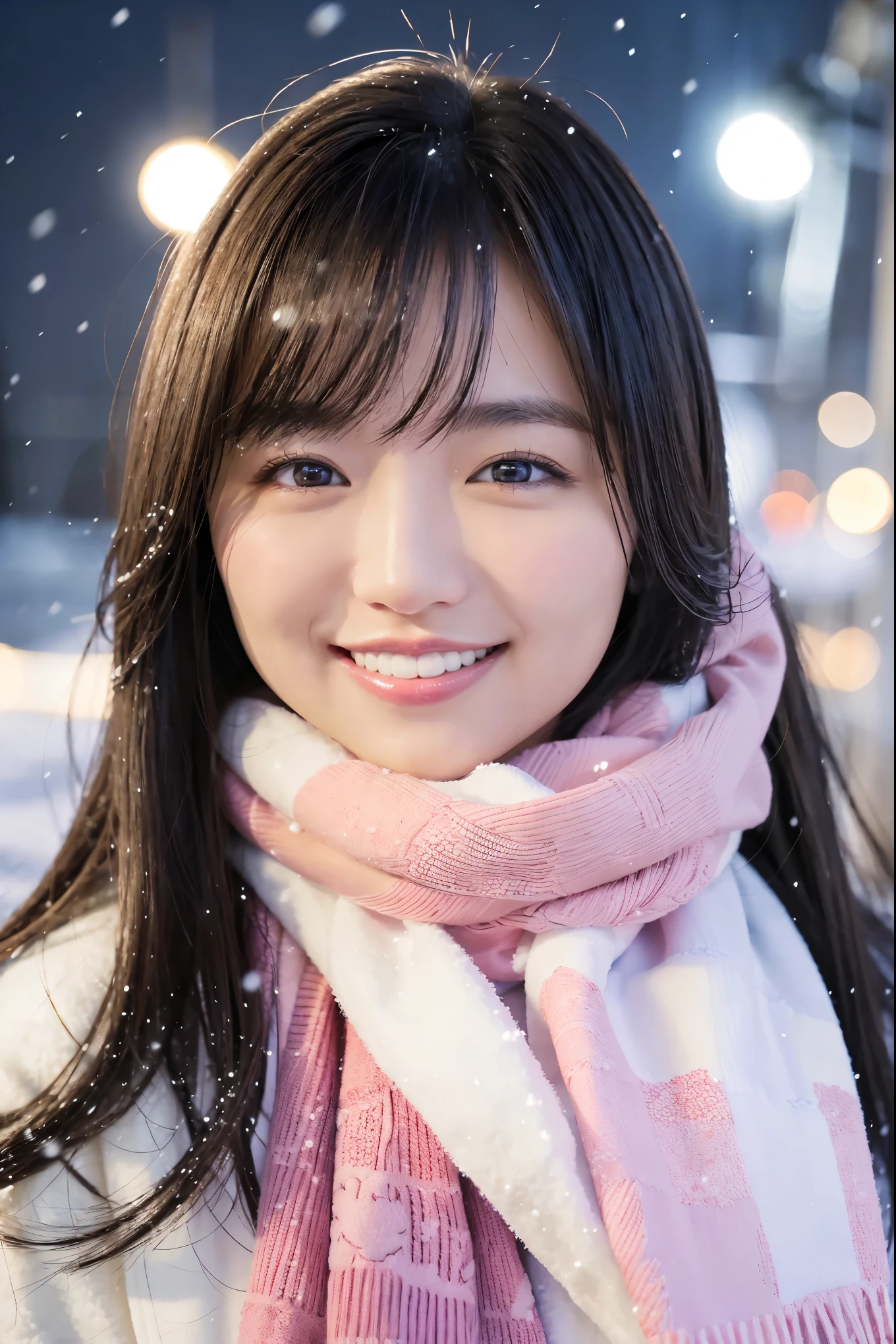 (highest quality、masterpiece、8K、best image quality、hyper realism、Award-winning work)、1 girl、(Elegant heavy winter coat:1.1)、(The perfect pink scarf:1.1)、Soft and delicate light、dramatic lighting、Romantic snowy night city、Romantic Christmas illuminations、Beautiful night view of a snowy city、The biggest smile looks at me、Fine sparkling snow、Beautiful snow reflecting light、Diamond dust、(Tyndall effect:1.1)、beautiful snow scene、(It&#39;s snowing:1.1)、(Snow in your hair:1.1)、accurate anatomy、(close up of face:1.1)、Beautiful glossy lipstick, natural color、natural makeup、glossy lips、Ultra high definition glossy skin、ultra high definition radiation, beautiful skin、Milky white moisturized skin、beautiful skin glow、超高精細のglossy lips、Super high-definition sparkling eyes、Beautiful perfect teeth in super high resolution、Show your beautiful teeth and smile big