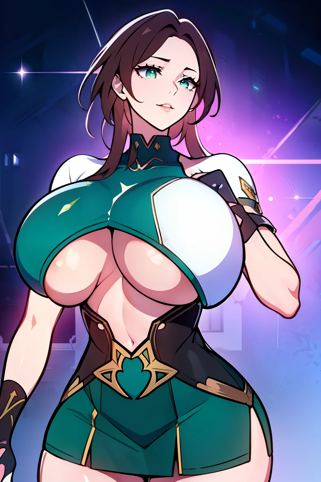 An anime-style artwork depicting ruan mei from the game Honkai star rail.

Tags: ruan mei, anime, detailed eyes, detailed lips, crop top, turtleneck, pencil skirt, smiling expression, intense gaze, glowing emblem on hand, dynamic pose, mystical background, vibrant colors, digital art, high-resolution, professional quality, gigantic breasts, (underboob : 1.4), curvy, cowboy shot, (gigantic breasts: 1.4), (green eyes : 1.4), (light brown hair)