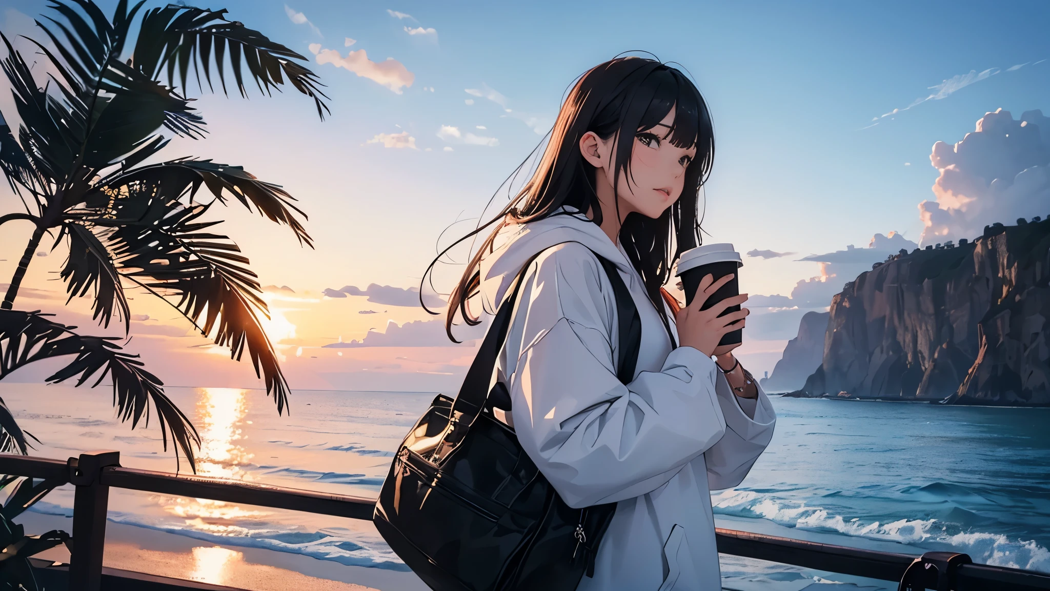 ((long shot)) Ocean beach Gentle waves black long hair cool woman beachを歩く Sparkling wearing a white hoodie holding a paper coffee cup