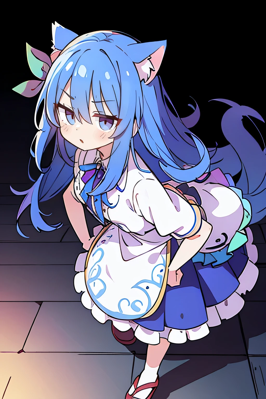 (masterpiece),best quality, expressive eyes, perfect face, 1girl,
Put your hands on your waist,fair, Gorgeous,Japanese cartoons,girl,lola,Hina Angel, blue hair, blue haired, floating clothes,Grab your waist, Grab your waist, hands on hips , hands on hips,sit, sit on ground, Legs on the ground, flat chest,cat ears,dark blue eyes,