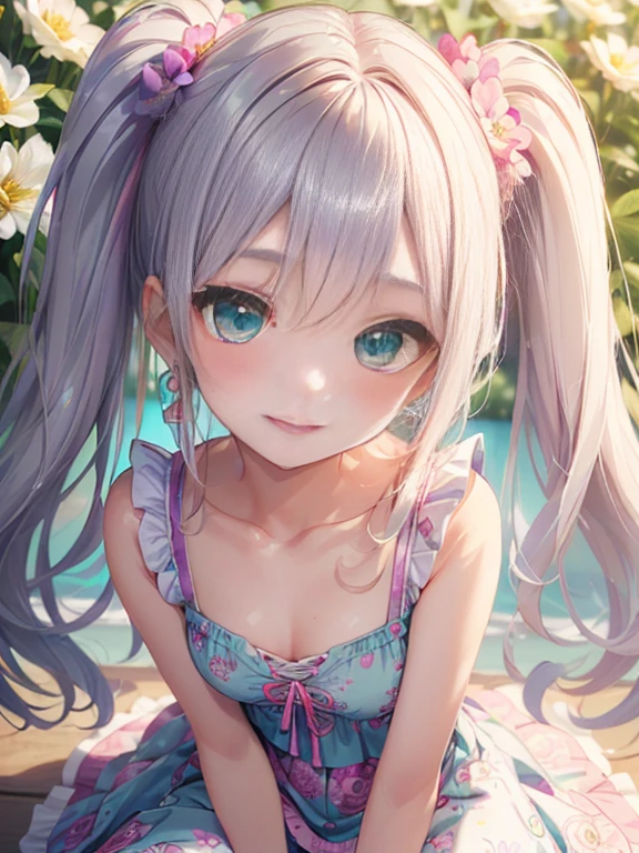 小さなgirl、The arrival of spring、big ass、 (alone:1.5,)Super detailed,bright colors, very beautiful detailed anime face and eyes, look straight, ;d, shiny_skin,girl, ((long silver hair,The inner color is red 、forehead is exposed.、green eyes、、shiny hair, delicate beautiful face, blush、(turquoise eyes), White skin, Valletta, earrings,、blue flower field、(((Pink ruffled dress with floral print、purple mini skirt)))、twin tails、smile、smile、Face dyed red