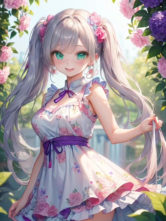 小さなgirl、The arrival of spring、big ass、 (alone:1.5,)Super detailed,bright colors, very beautiful detailed anime face and eyes, look straight, ;d, shiny_skin,girl, ((long silver hair,The inner color is red 、forehead is exposed.、green eyes、、shiny hair, delicate beautiful face, blush、(turquoise eyes), White skin, Valletta, earrings,、blue flower field、(((Pink ruffled dress with floral print、purple mini skirt)))、twin tails、smile、smile、Face dyed red