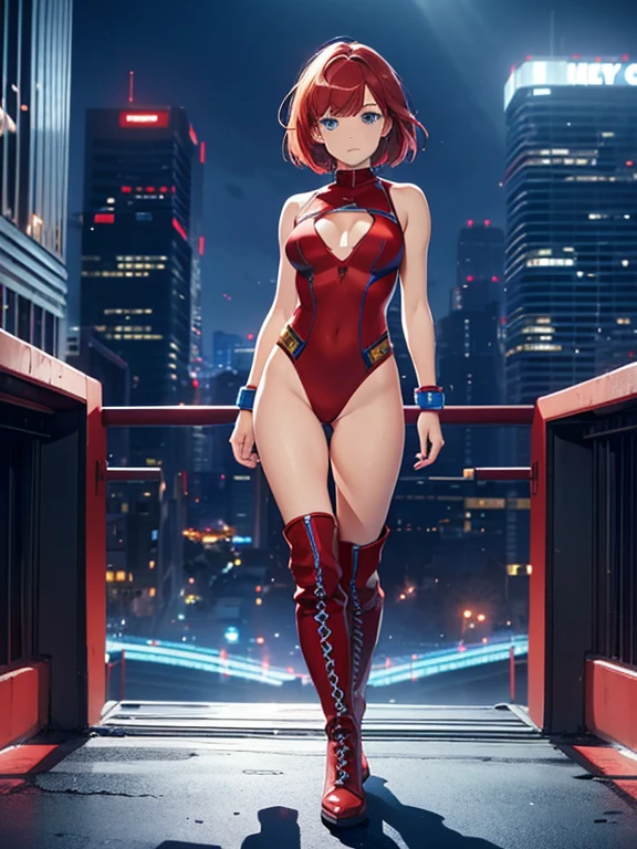 1girl, medium breasts, leotard, red leotard with blue accents, bare legs, boots, matching boots, bracelets, city backdrop, solo, single, standing, full body shot, cowboy shot, beautiful detailed eyes, blue eyes, mature lady, red hair, short hair, bob hair, superhero