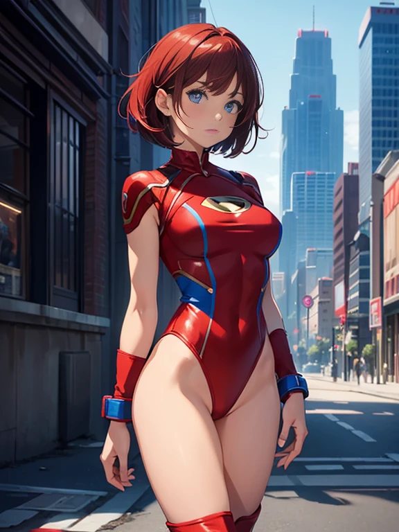 1girl, medium breasts, leotard, red leotard with blue accents, bare legs, boots, matching boots, bracelets, city backdrop, solo, single, standing, full body shot, cowboy shot, beautiful detailed eyes, blue eyes, mature lady, red hair, short hair, bob hair, superhero 