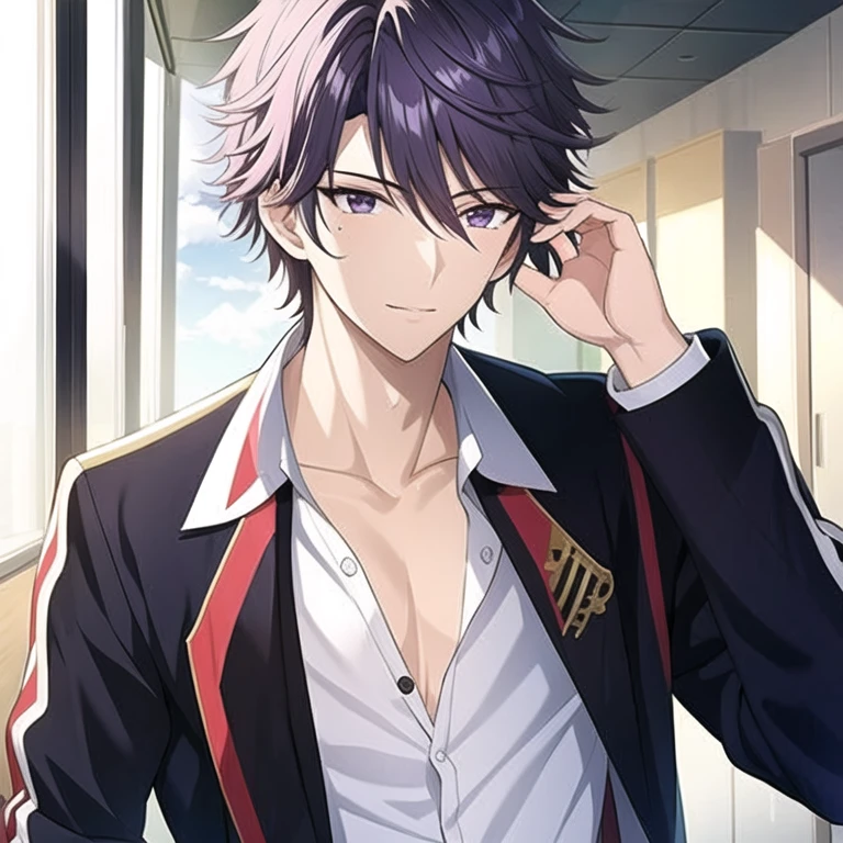 (masterpiece, best quality:1.2), 1 boy, alone, male focus, Purple-gray hair（middle score，The ends of the hair are slightly upturned），Tear mole at the corner of the left eye，confidence