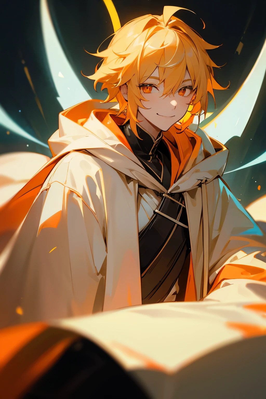 Masterpiece, solo, 1 male, neon, medium hair, blond hair, orange eyes, smile facial, white hooded cloak