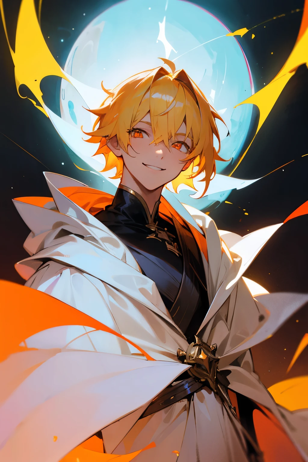 Masterpiece, solo, 1 male, neon, medium hair, blond hair, orange eyes, smile facial, white hooded cloak