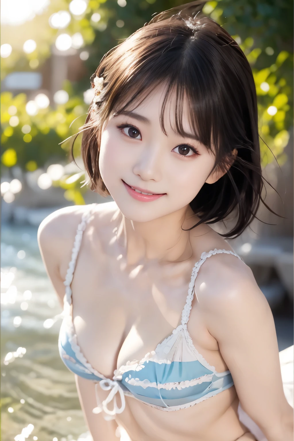 (((masterpiece))), (((full body photo)))，(one beautiful girl, innocence，cute) ，ultra high resolution, reality, Super detailed, 8k,highest quality, very detailed, blurred background,thin，small breasts，(very beautiful japanese girl, detailed face:1.3), (short black hair :1.4), (，cute type,adorable girl), (perfect body:1.1),((white micro bikini))、rosy cheekest smile,Super detailedな顔、detailed lipine eyes、sparkling eyes，small gravure idol，transparent skin、lolita，photoreal:1.37、bright sunny day、crystal blue sea、shining sun、shimmering reflections of wavefronts、cold sea breeze、In the water