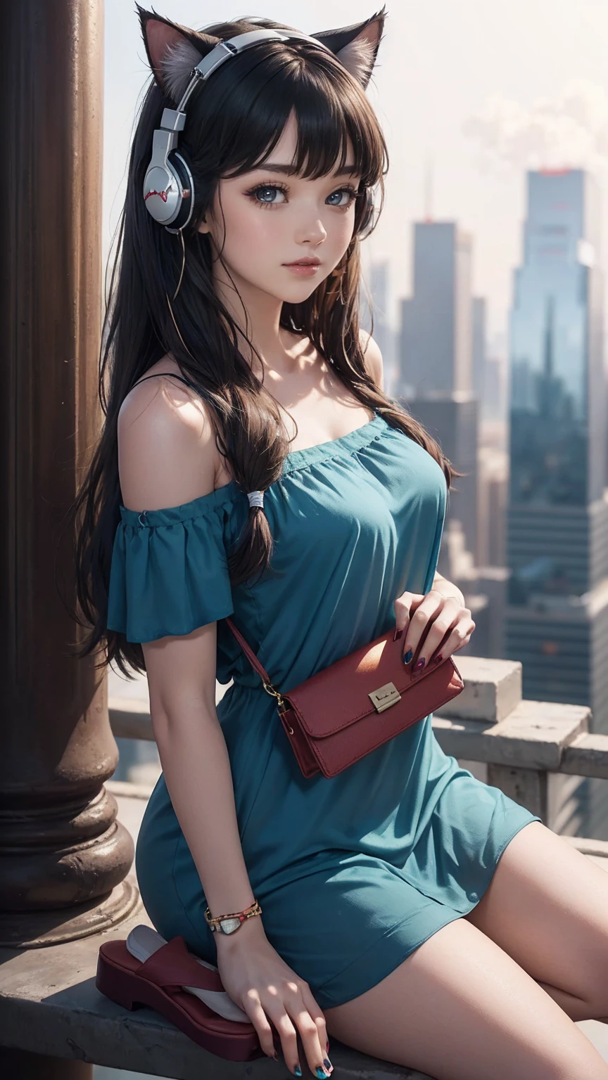 最high quality, 8K, masterpiece: 1.3, Ultra HD, high quality, 最high quality, High resolution, realism)) 、25 year old white woman、brunette、blue eyes、long hair、smile、slender、slenderだがアスリートのような細マッチョ、I don't want my head to disappear from the screen.、Wear accessories on your wrist、Wearing red nail polish、I have a peticure、aerial perspective((atmospheric perspective))、smile((smiley))、background blur((depth of field)、Wear a sheer, off-the-shoulder bodycon top、wear sandals、have a clutch bag、Skyscraper background、Waiting for a traffic light at an intersection、crystal earrings((crystal earrings))、inner color((colored inner hair))、long hair ((long hair))、dark blonde、Bangs at the parting((parted bangs))、Cat ear headphones((cat ear headphones))