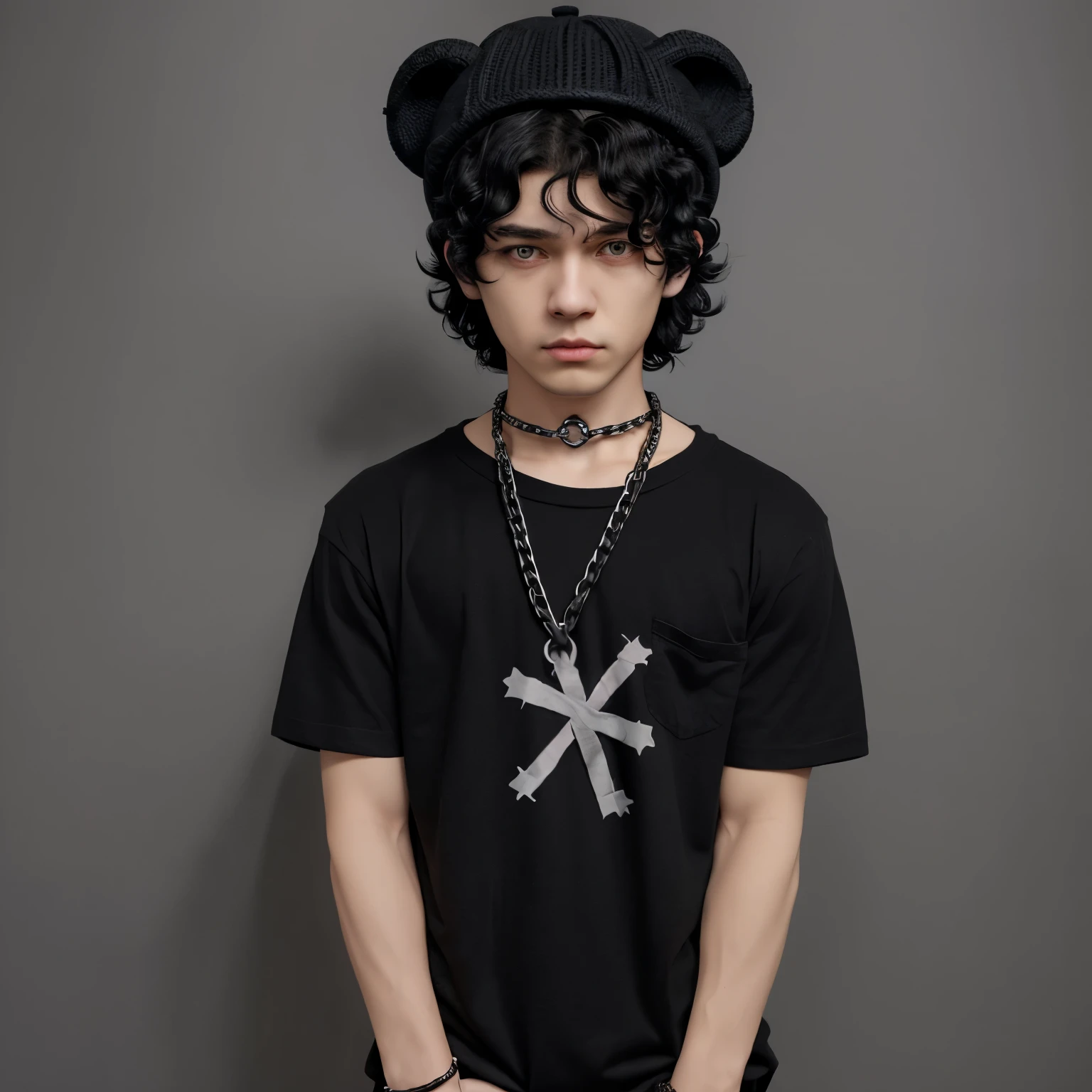 show me a boy anime character with black and grey shirt with cross in the middle ,a black shirt with a chain the pocket and a teddy hat with curly black hair