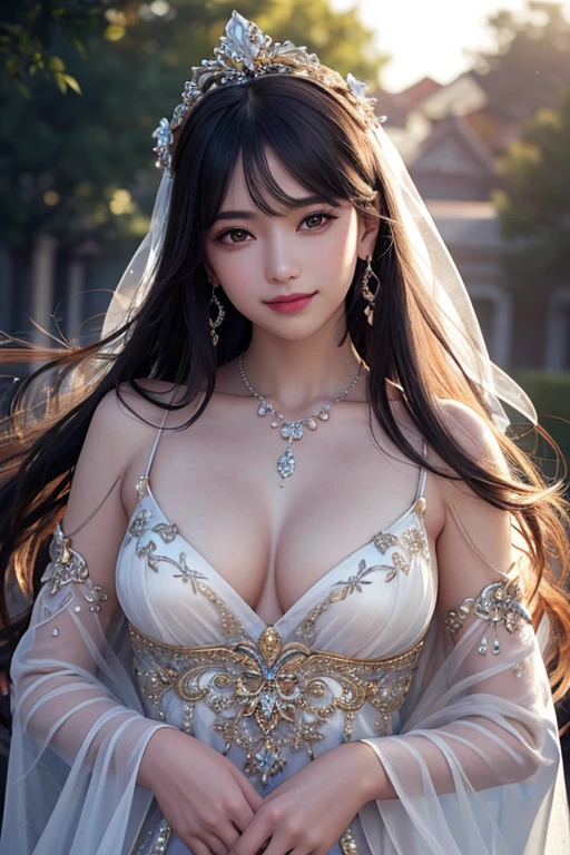 Facing directly ahead、Sun overhead、The whole body is shown、A glittering scene with light pouring in from the heavens、shine、standing position、A goddess in a transparent robe、最high quality, masterpiece, High resolution, 1 girl, transparent silk china dress, Her eyes are small and her smile is cute, A reassuring smile、hair ornaments, Looking at the viewers with a smile,A soft smile, closed mouth,lips, dress,hair ornaments, necklace, jewelry, long hair, earrings, beautiful face,On top of that_body, Tyndall effect,realistic, Dark studio, rim lighting, two-tone lighting,(high definition skin:1.2), 8K uhd, Digital single-lens reflex camera, soft lighting, high quality, volume lighting, Frank, photograph, High resolution, 4k, 8K, Bokeh