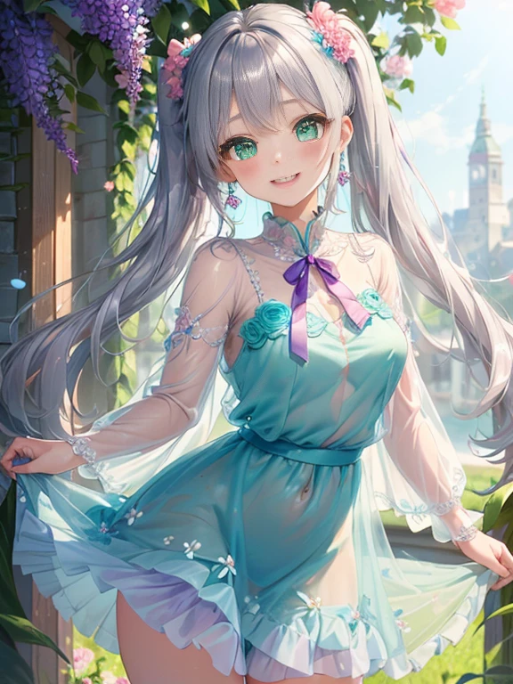 小さなgirl、thick thighs、The arrival of spring、big ass、 (alone:1.5,)Super detailed,bright colors, very beautiful detailed anime face and eyes, look straight, shiny_skin,girl, ((gradation hair、long silver hair,The inner color is red 、forehead is exposed.、green eyes、、shiny hair, delicate beautiful face, blush、(turquoise eyes), White skin, Valletta, earrings,、blue flower field、(((Floral pink ruffle dress、See-through、purple mini skirt)))、twin tails、smile、smile、Face dyed red