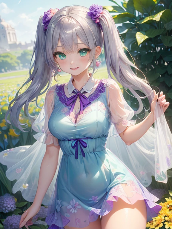 小さなgirl、thick thighs、The arrival of spring、big ass、 (alone:1.5,)Super detailed,bright colors, very beautiful detailed anime face and eyes, look straight, shiny_skin,girl, ((gradation hair、long silver hair,The inner color is red 、forehead is exposed.、green eyes、、shiny hair, delicate beautiful face, blush、(turquoise eyes), White skin, Valletta, earrings,、blue flower field、(((Floral pink ruffle dress、See-through、purple mini skirt)))、twin tails、smile、smile、Face dyed red