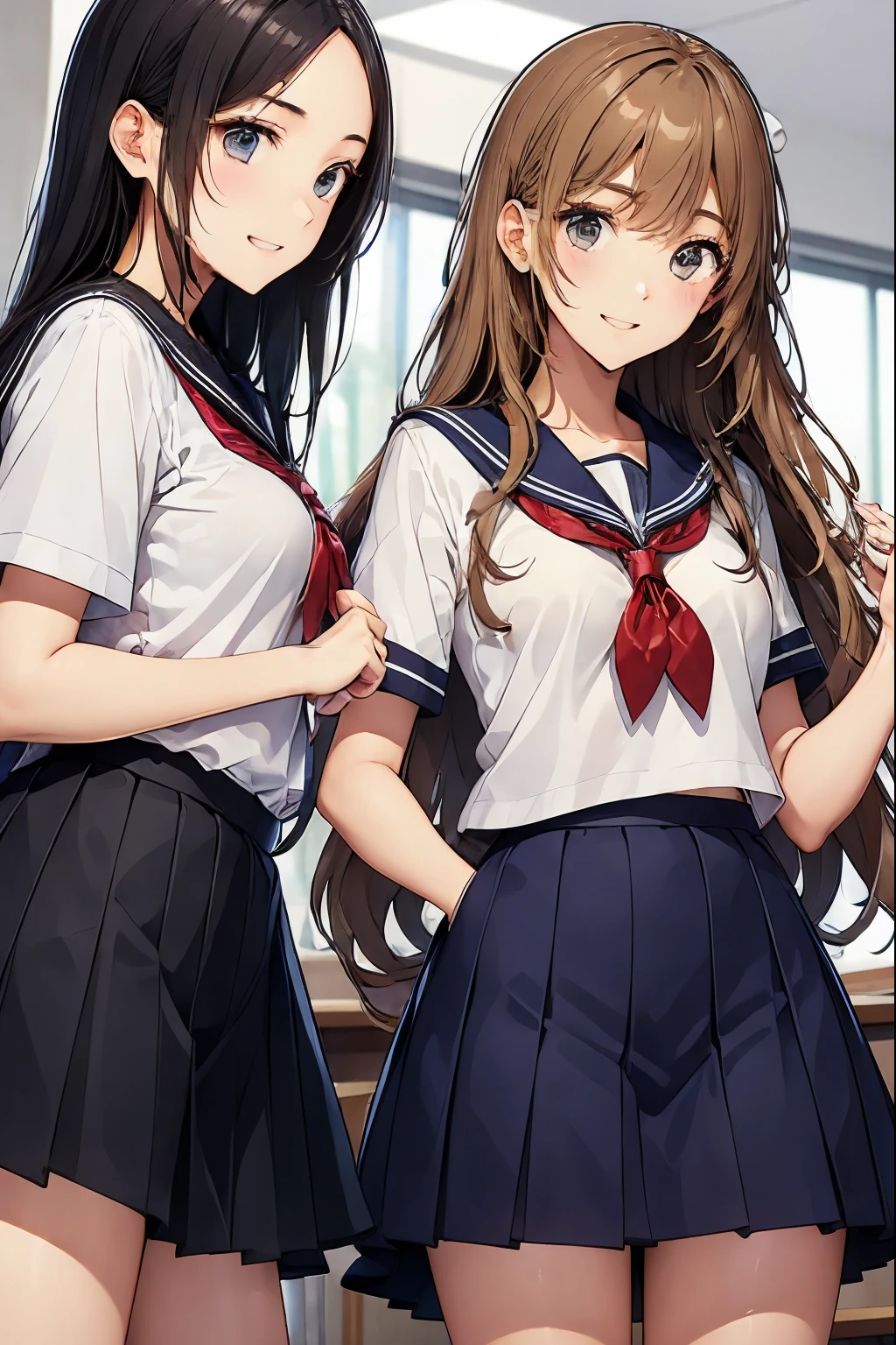 Two high school girls laughing in a classroom、look away、Laugh hard