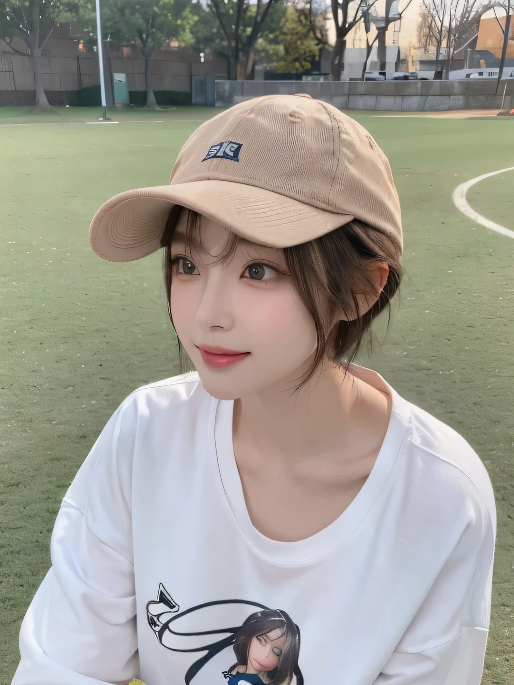 Best image quality、original photo、ultra high resolution、21 years old Korean、small breasts、dynamic angle、Cowboy shooting、The most beautiful form of chaos、elegant、Innovative design、bright colors、,light brown short hair、disheveled hair、light brown eyes 、black baseball cap(Facial expressionSmile)、short bob、Smile、Fair and shiny skin、beautiful eyes,random colors、The details are very beautiful、thin lips、Delicate and beautiful eyes、elongated eyes、Pale pink cheeks、long eyelashes、beautiful double eyelids、eye shadow、he、White Large T-shirt Sweatshirt、baggy pants、Shot from the side、sexy pose、enlarge