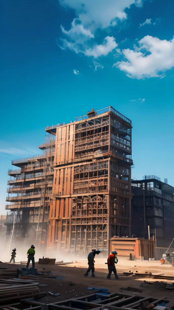 This is a top-quality photograph showcasing exceptional detail. The scene depicts a construction site bustling with activity as workers move about, creating a vibrant atmosphere. The backdrop features towering buildings, scaffolding, and intricate architectural and industrial structures. These constructions are in progress, showcasing the complete architectural framework. Additionally, graceful workers add a dynamic element to the scene.