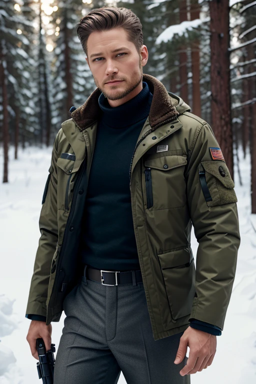 photorealism, Full length portrait, costs, A man with blue eyes and dark brown hair, short hairstyle, in white special forces uniform, winter camouflage, suit with jacket and trousers and combat boots, with a sniper rifle in his hands, Travis Fimmel, Jordan Smith, grinning, Winter forest, night, Science fiction, post apocalypse, believable portrait, art, very detailed