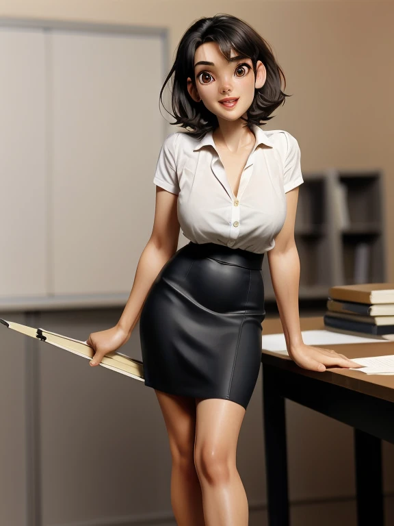 Young in innocent girl, masterpiece, ,(solo:1.1), sexy, office, heels, pencil skirt, brunette, black hair, perfect beautiful face, big candid smile, open mouth.