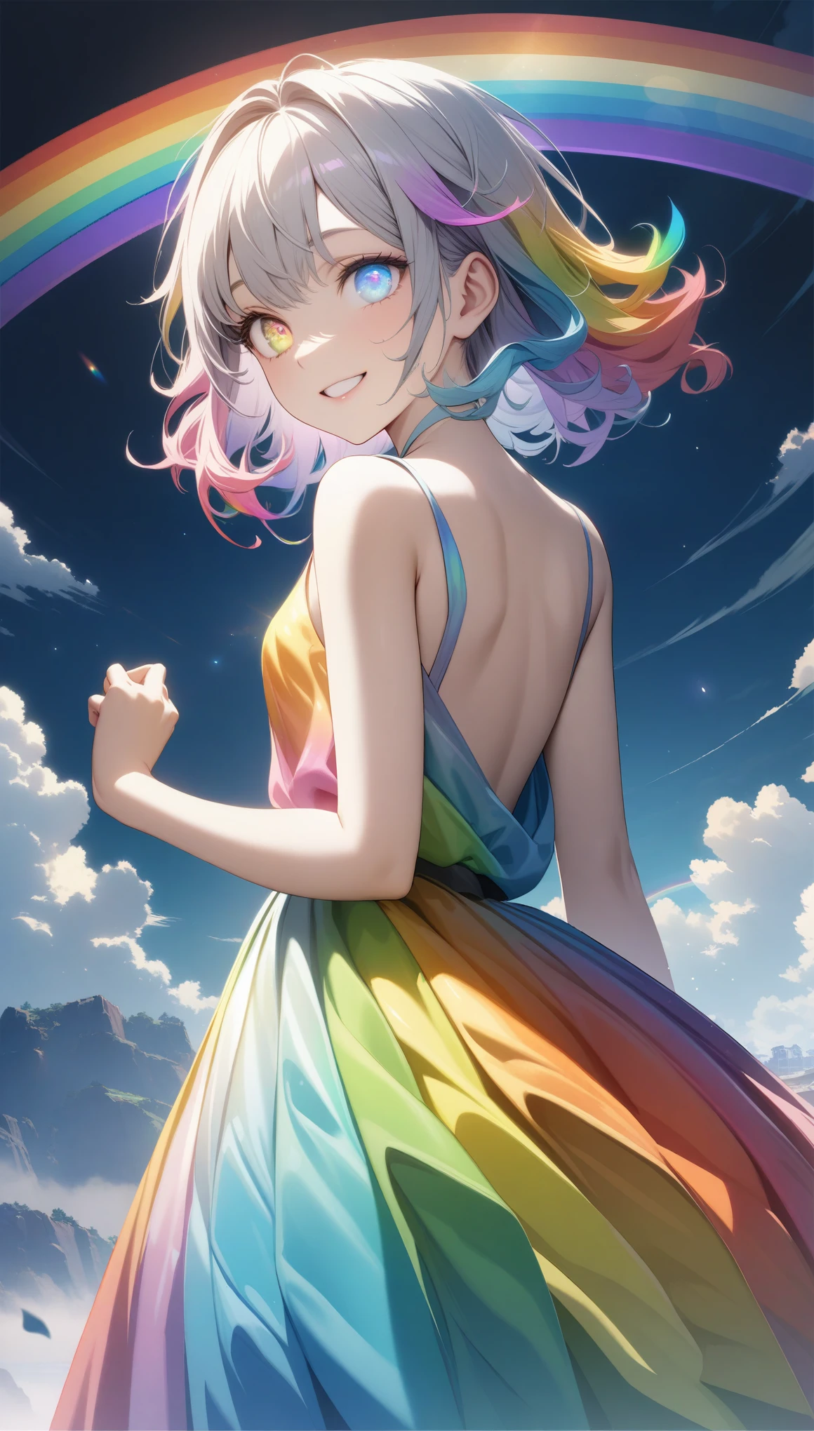 32k, best quality, ultra high res, HDR, UHD, extremely detailed CG, unity 32k wallpaper, (((🌈))), (((masterpiece))), (((best quality))), (((ultra-detailed))), (((illustration))), (((an extremely delicate and beautiful))), (((beautiful eyes))), (((back))), (((circle rainbow))), girl, (((rainbow dress))), (((happy smile))), (((rainbow hair))), (((rainbow eyes))), 