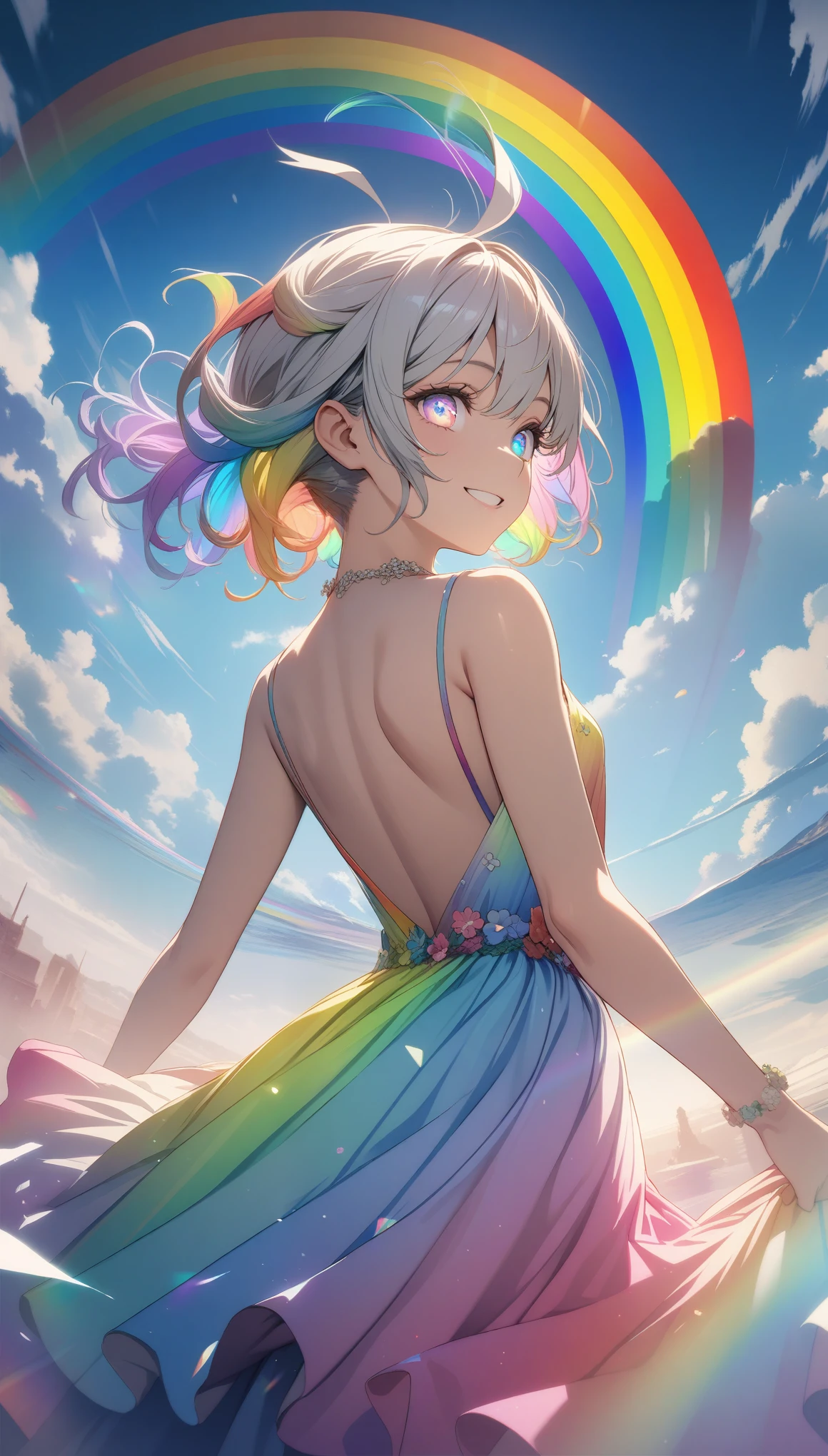 32k, best quality, ultra high res, HDR, UHD, extremely detailed CG, unity 32k wallpaper, (((🌈))), (((masterpiece))), (((best quality))), (((ultra-detailed))), (((illustration))), (((an extremely delicate and beautiful))), (((beautiful eyes))), (((back))), (((circle rainbow))), girl, (((rainbow dress))), (((happy smile))), (((rainbow hair))), (((rainbow eyes))), 